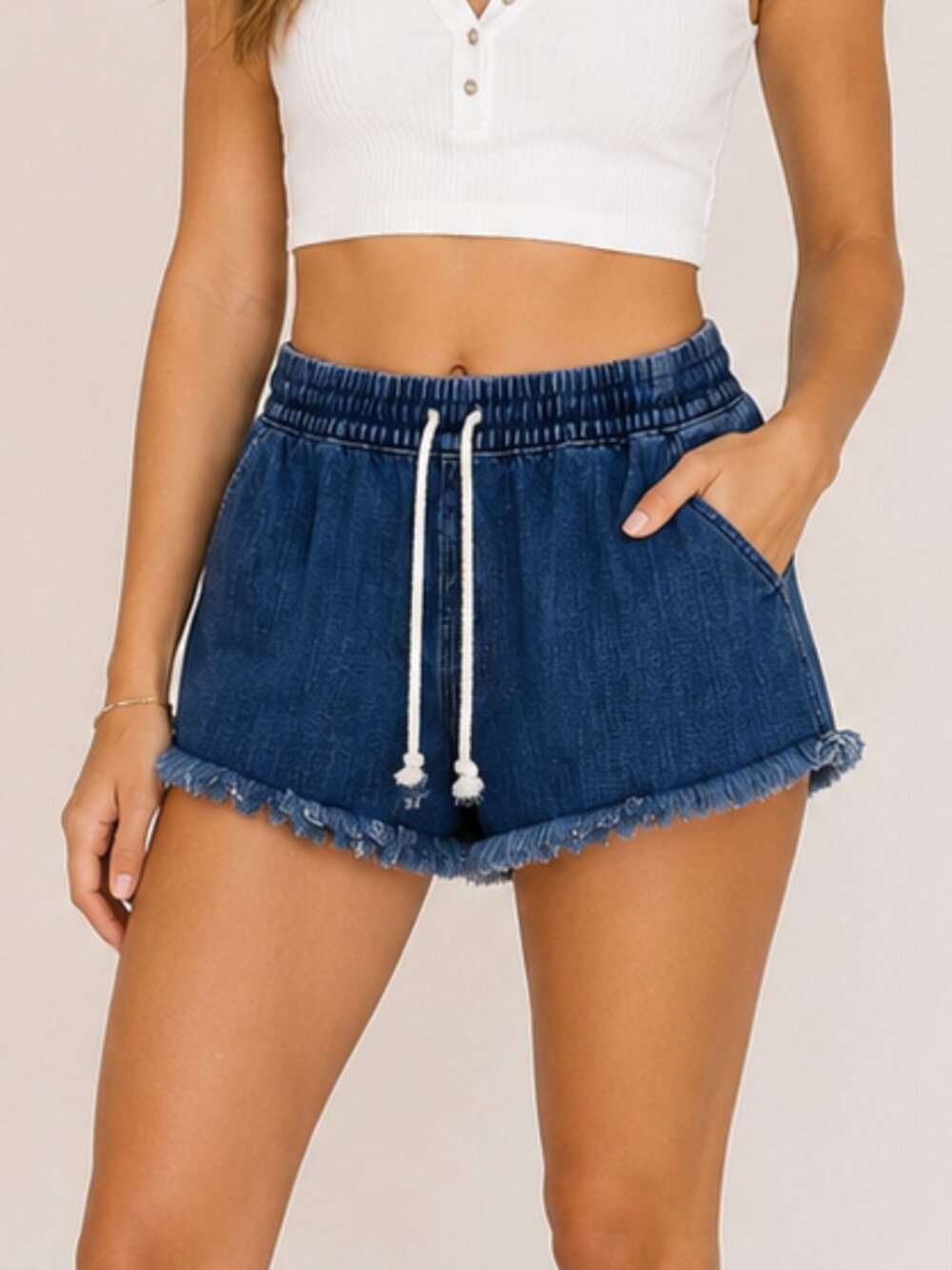 Aerie Womens Medium Chambray Shorts Jean Drawstring Pockets Pull On Fringe